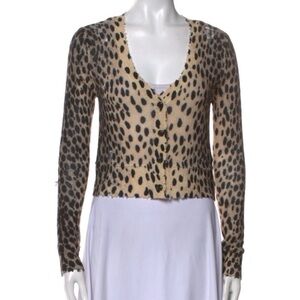 R13 Leopard-Print Cropped Button Cardigan in Beige & Black